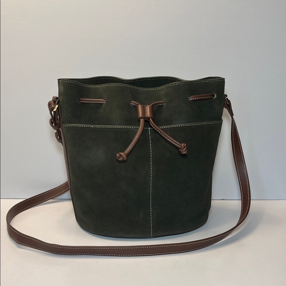 J. McLaughlin Ariana Green Suede Bucket Bag, brown leather trim - Picture 2 of 7